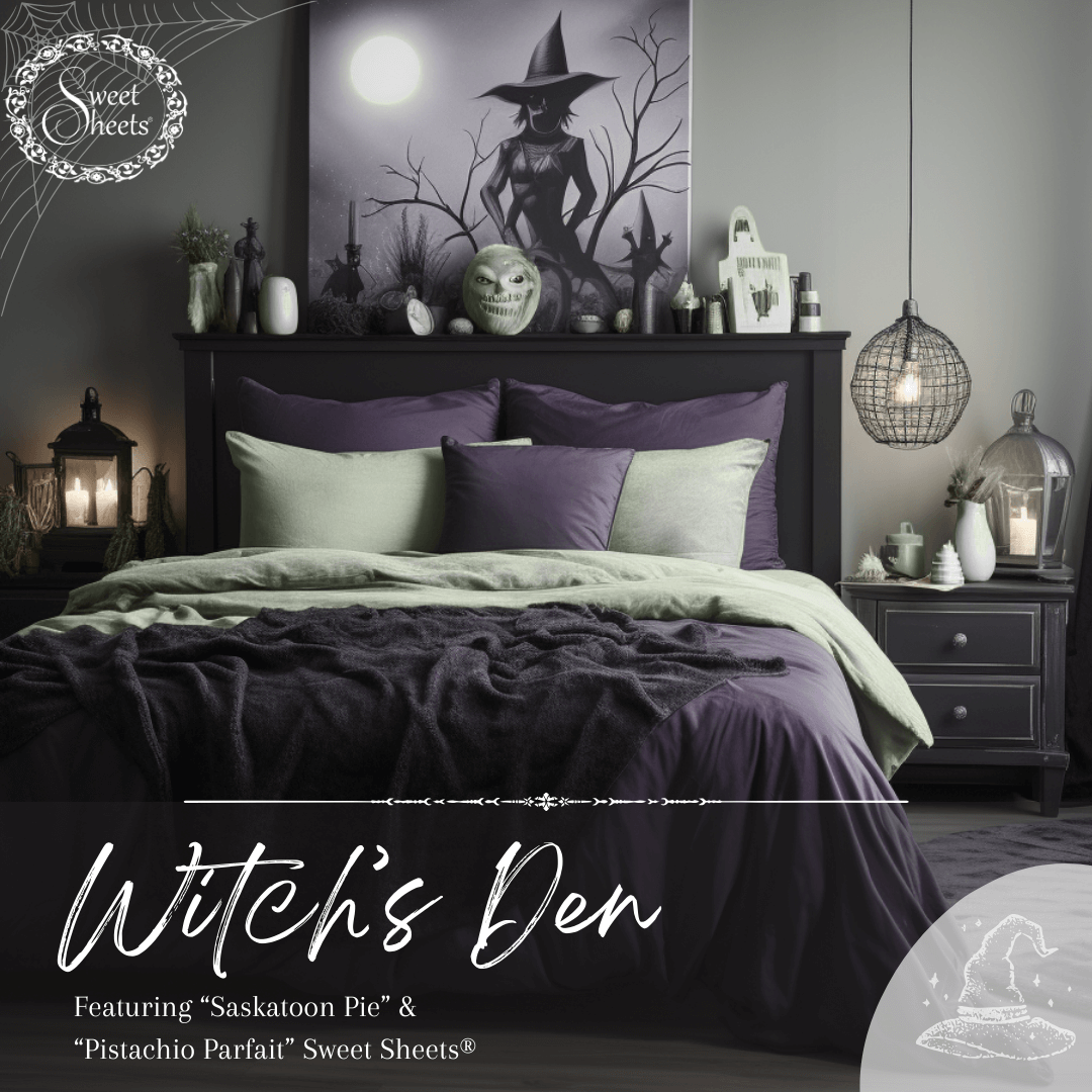 Witch Halloween Bedroom Decor with purple and sage green bed sheets